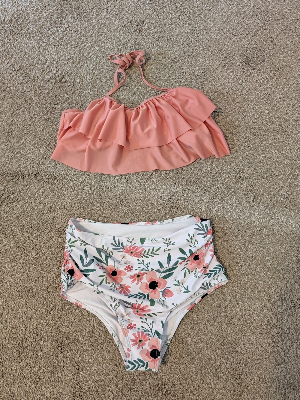 Girls Peach Ruffle Tankini Top and Floral High-Waist Bottoms - Kids